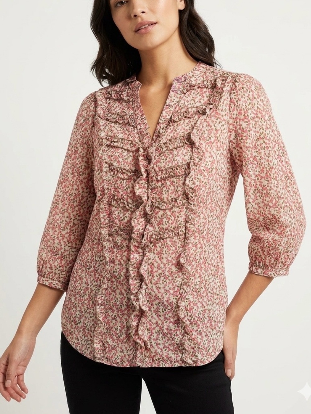 Mexx Floral Ruffle V-Neck Blouse Puff Sleeve Cottagecore Boho Pink